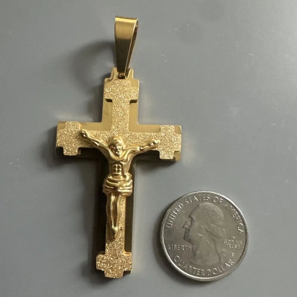 Gold Tone Cross Jesus Pendant 24” Chain Christ Stainless Steel Catholic Gift